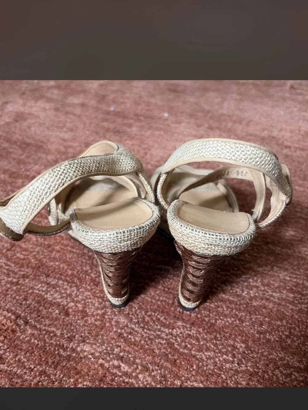 Vintage Ferragamo Woven Beige Women's Strappy Wedge Sandals